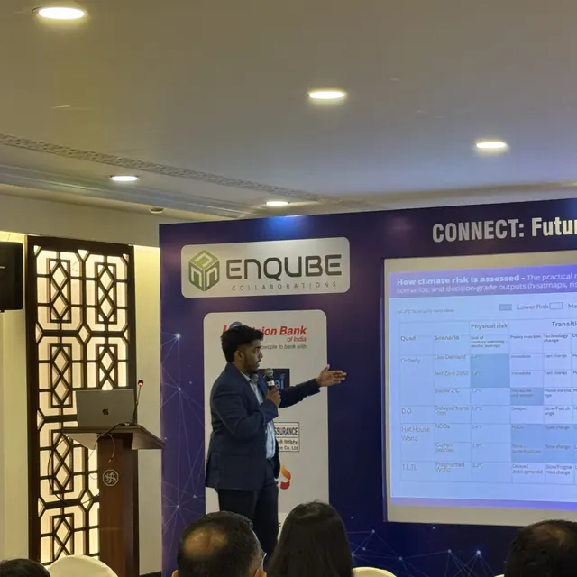 Running a climate-risk sales workshop on stage at Enqube Collaborations